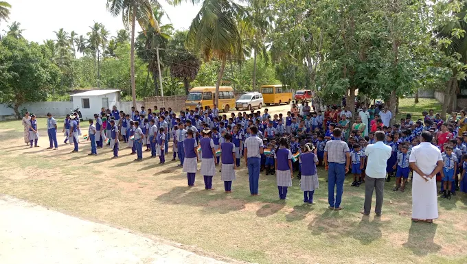 Students of Kalaivani Matriculation School standing in organized rows during morning assembly