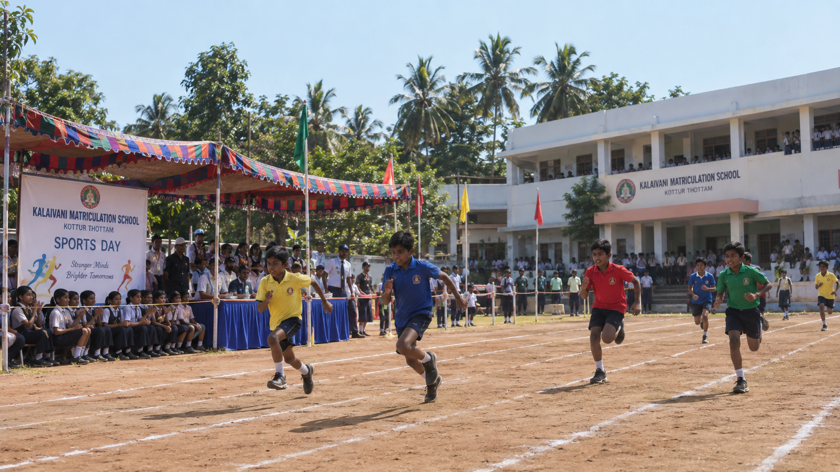 Students competing in sprinting race during Annual Sports Day at Kalaivani School