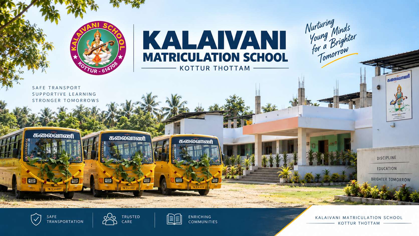 Kalaivani School transport fleet of dedicated buses and vans parked on campus
