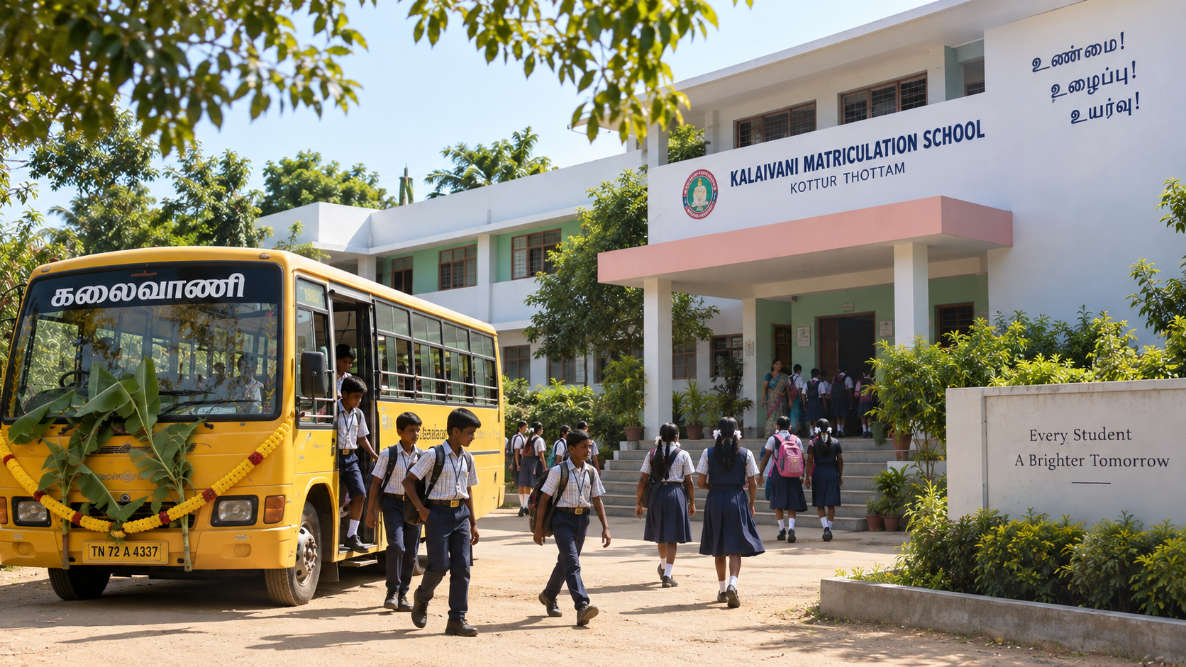Students in uniform arriving at the school portico with the school bus