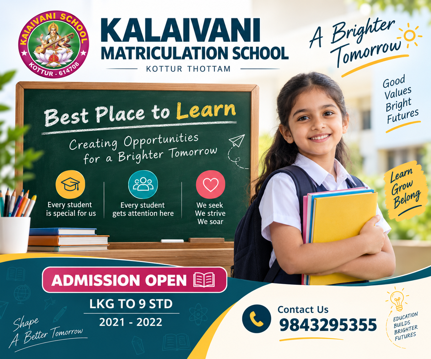 Kalaivani Matriculation School chalkboard admission announcement