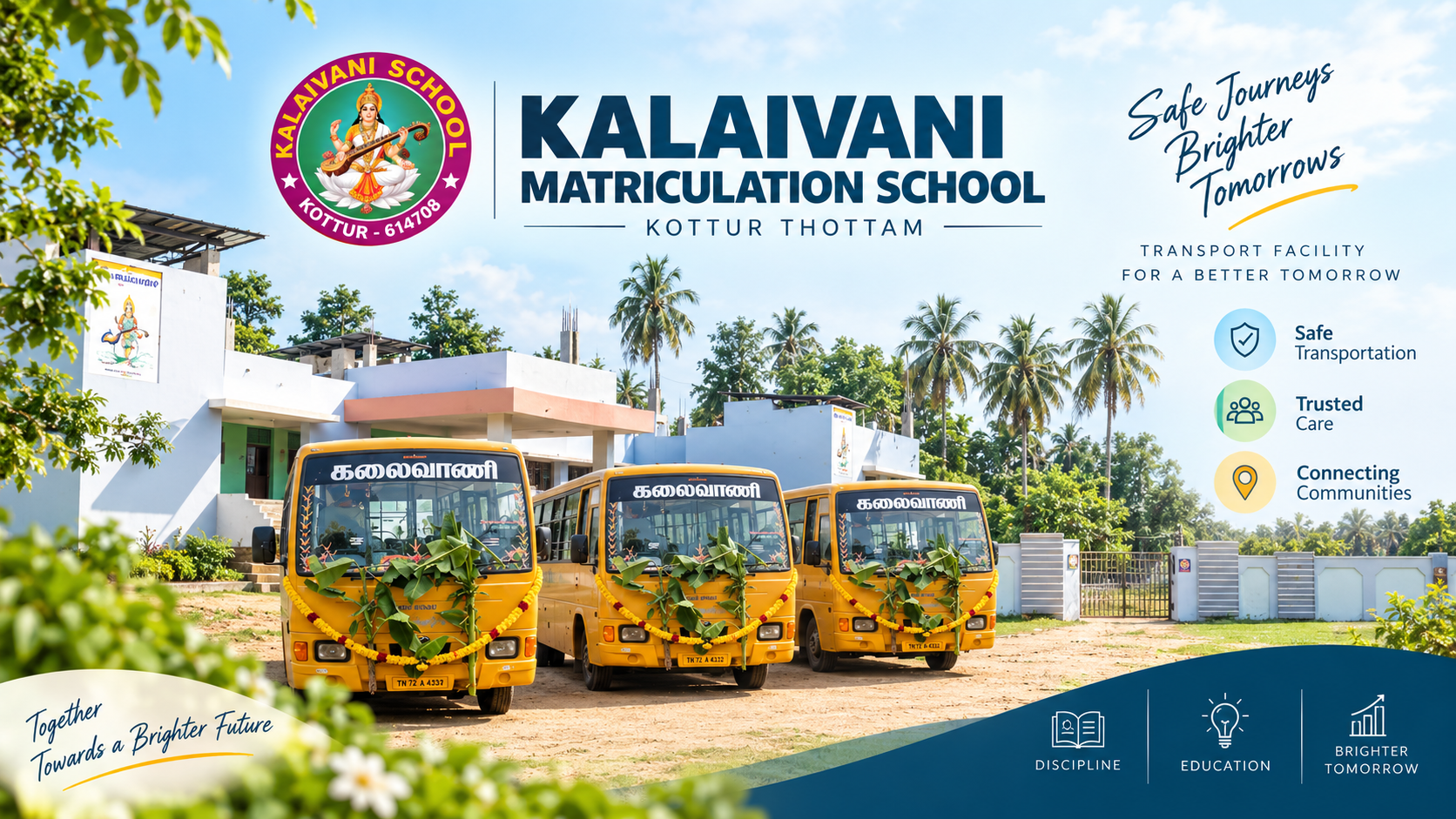 Kalaivani School transport facility poster showing school bus fleet