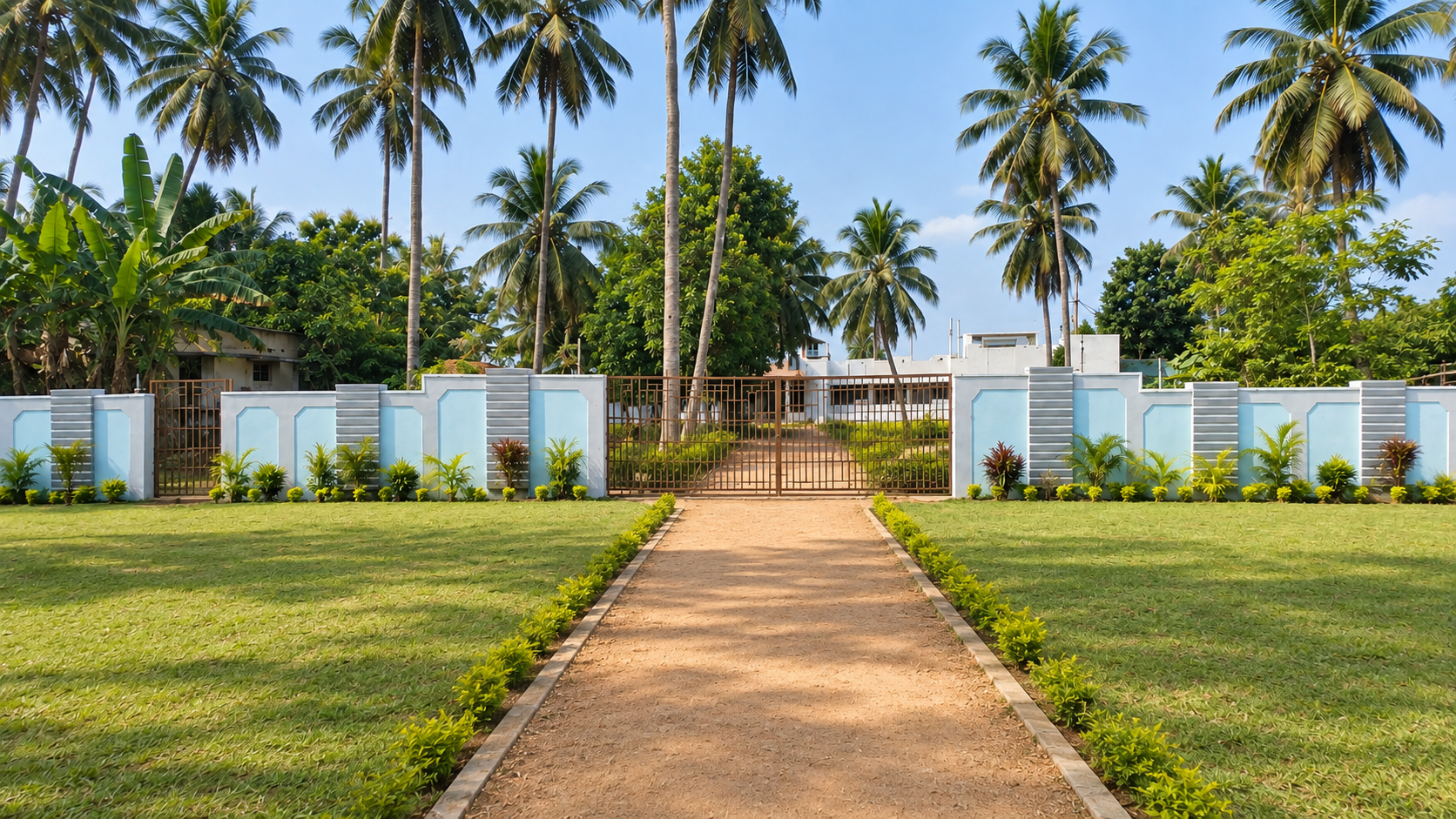 Lush tree-lined pathway leading to the main entrance of Kalaivani Matriculation School in Kottur