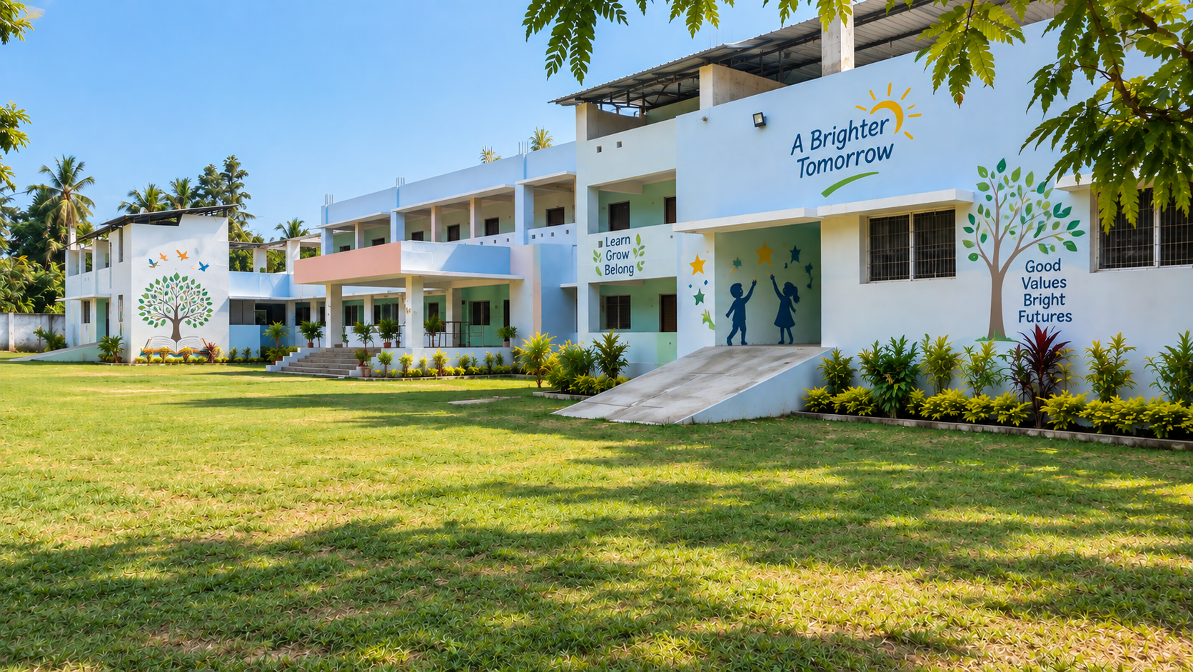 Main campus building of Kalaivani Matriculation School in Kottur Thottam with bright inspirational wall murals